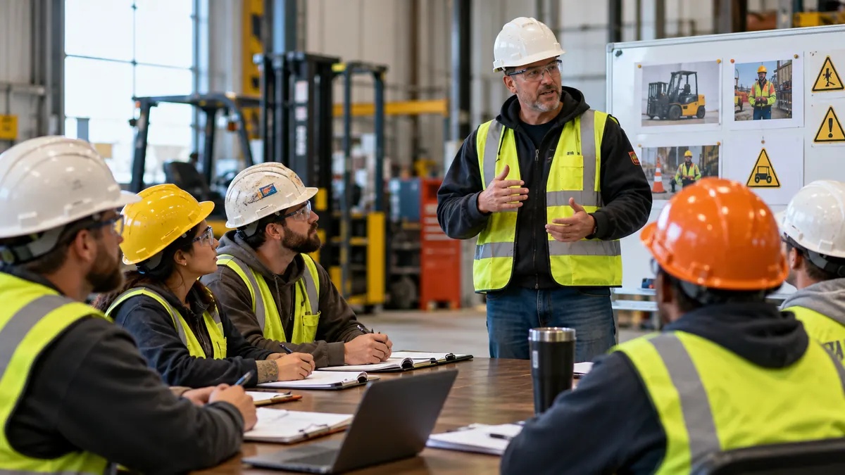 Instructor leading a safety class for workers in hard hats